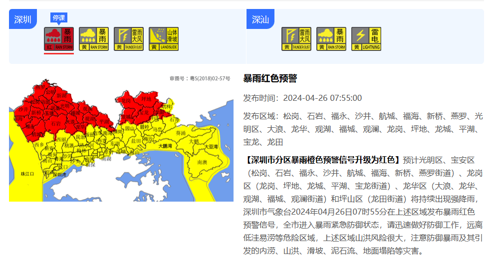 停课！深圳分区暴雨红色预警生效！